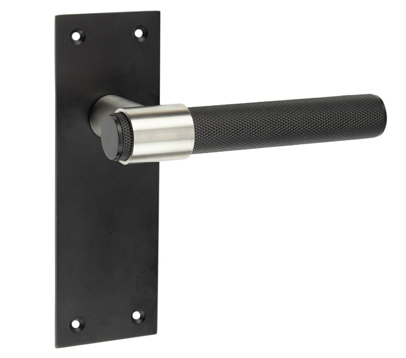 Knurled T-Bar Lever Door Handles On Backplate, Matt Black & Stainless Steel