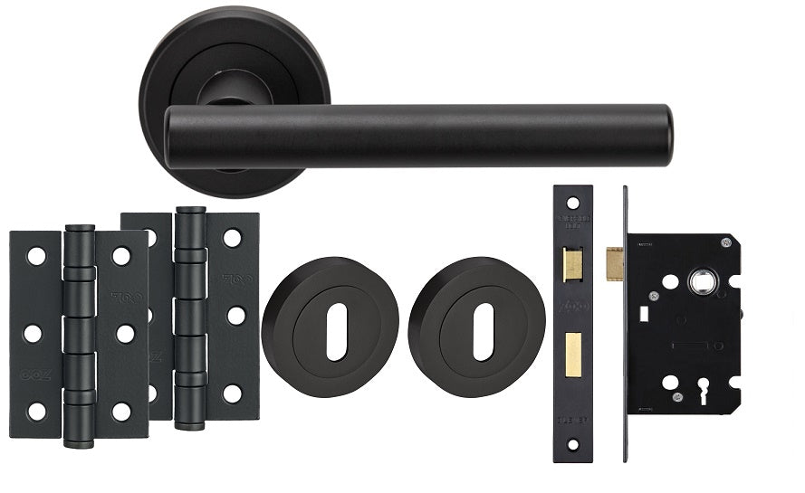 Matt Black Straight T-BAR Design COMPLETE DOOR HANDLE KITS - Latch, Lock & Bathroom Doors