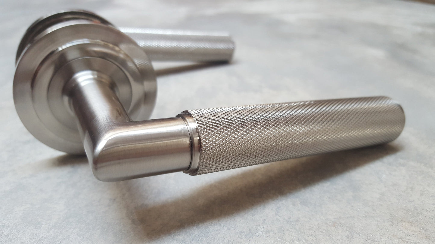 STEPPED ROSE - Piccadilly Knurled Lever Door Handles - Burlington Range - Satin Nickel - BUR40/52SN