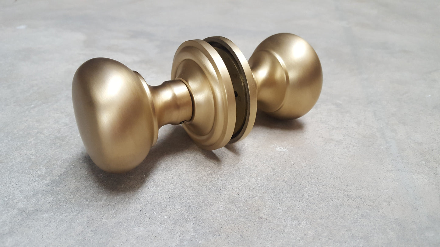 Satin Brass Mushroom Mortice Knobs on 70mm Concealed Fix Rose