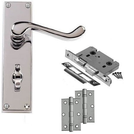 Scroll Door Handle on Backplate Pack - Bathroom Lock - Chrome/Satin Finish