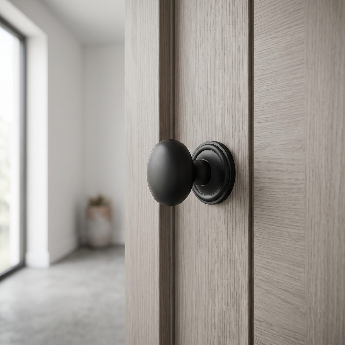 Matt Black, Atlantic UK OE58MMKMB 'Harrogate' Mushroom Mortice Door Knobs - fitted on a door