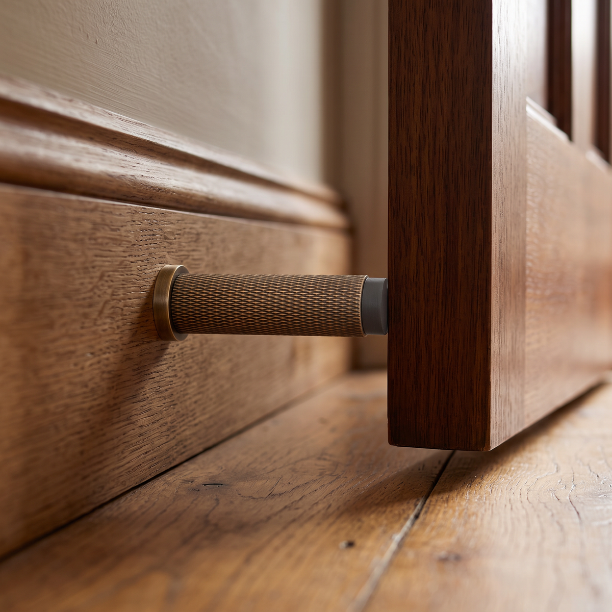 Brunel Knurled Door Stop - Antique Brass | Alexander & Wilks - fitted on a door