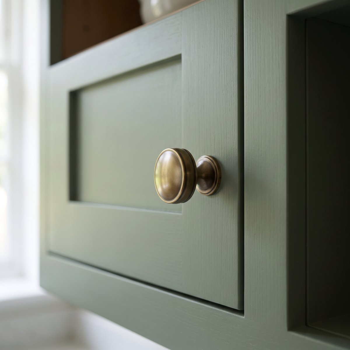 Cupboard Knob - Antique Brass - 38mm | Alexander & Wilks Lynd - fitted on a door