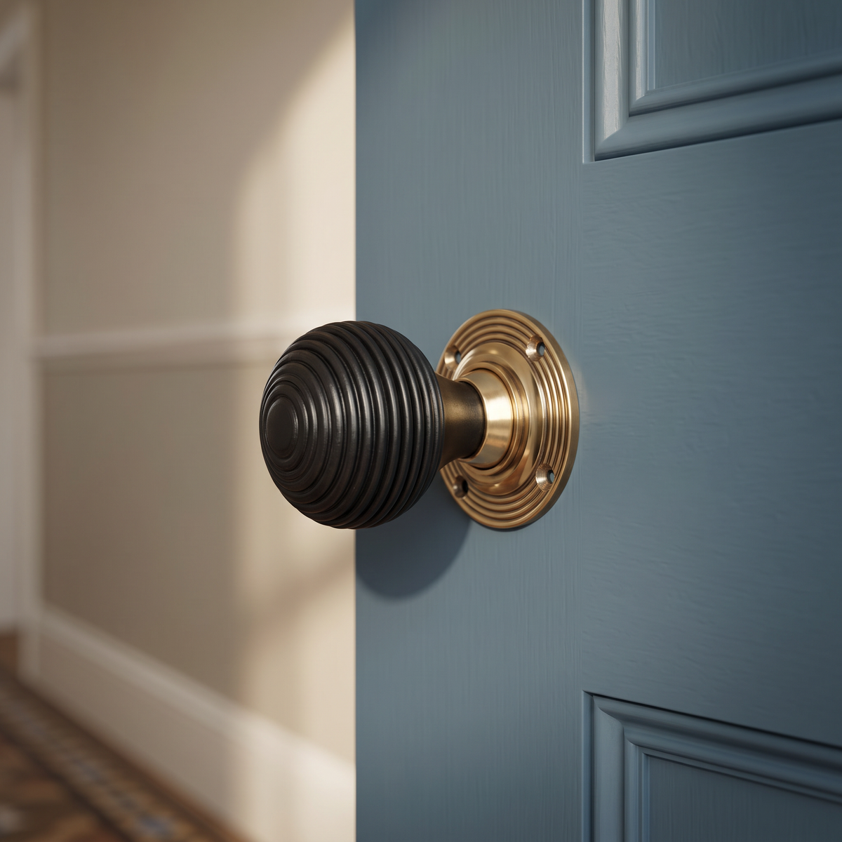Ebonised Beehive Mortice/Rim Door Knob | Aged Brass | 55mm Diameter | Spira Brass - fitted on a door