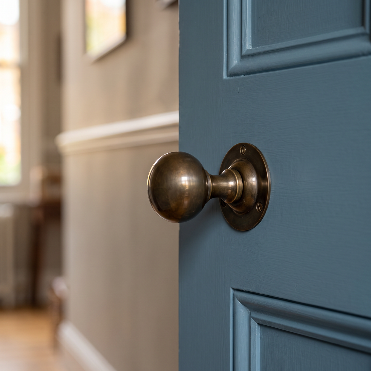 Antique Brass Ball Shape Mortice Door Knobs (Solid Antique Brass) - fitted on a door