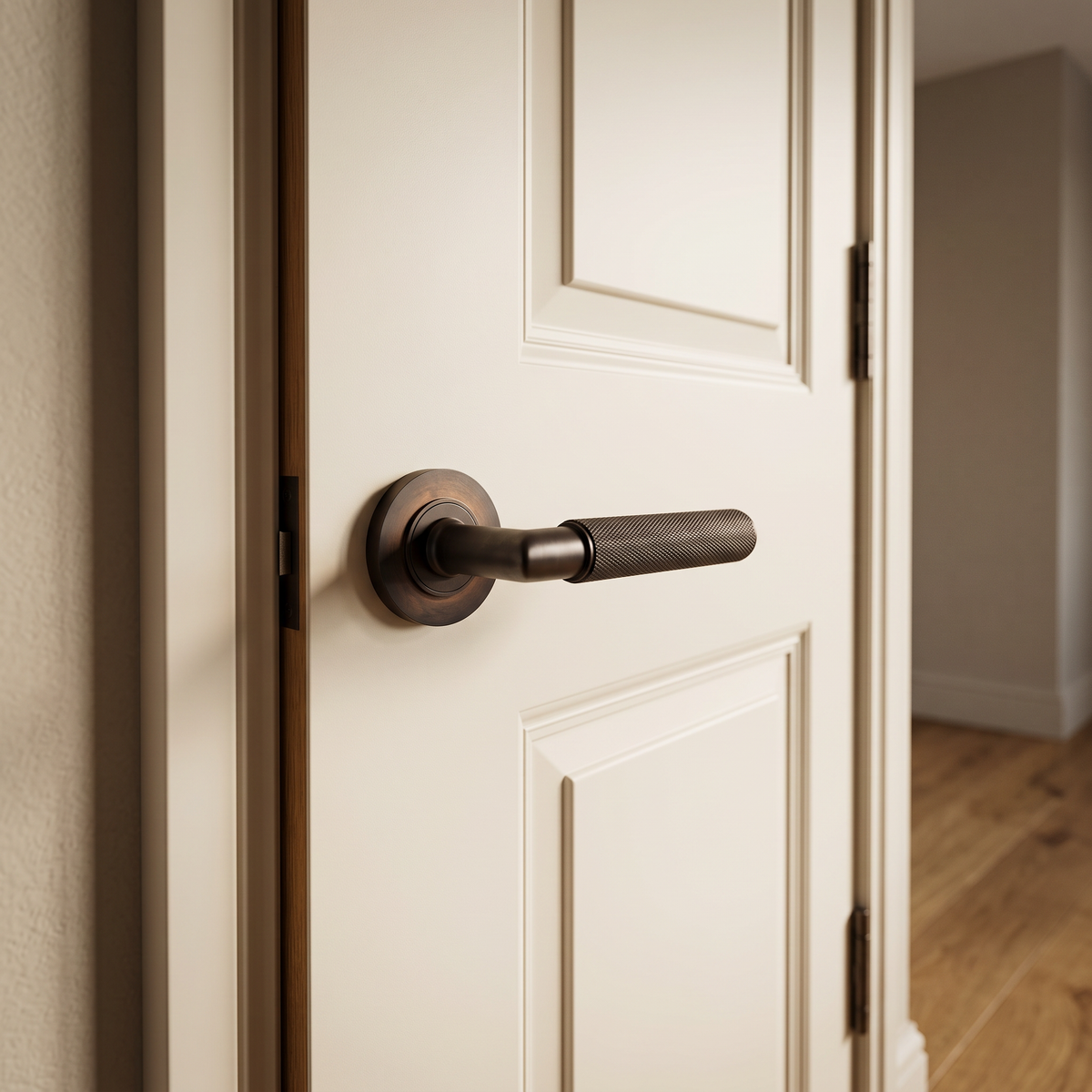 Piccadilly Knurled Lever Door Handles - Burlington Range - Dark Brass/Bronze - BUR40DB - fitted on a door