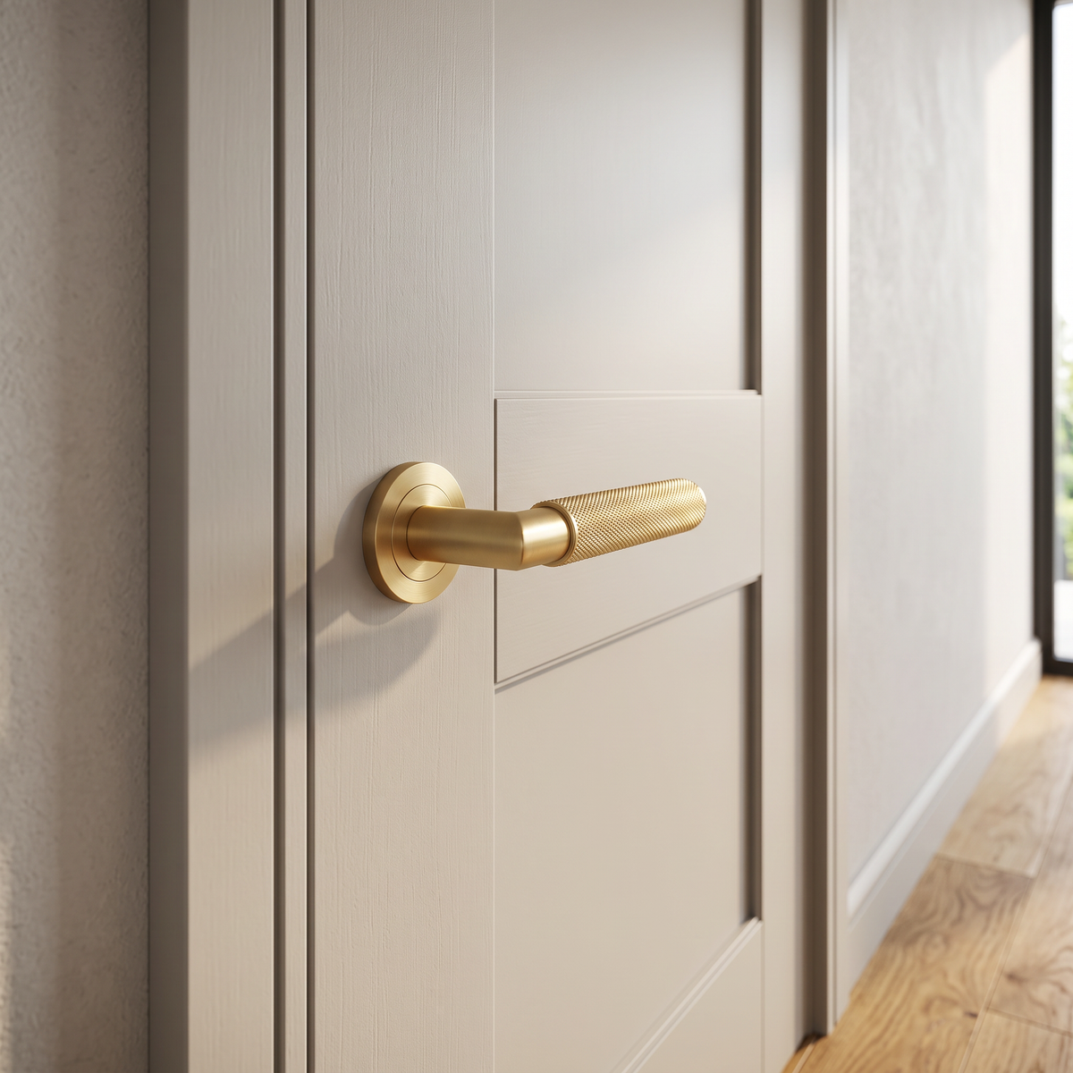 Piccadilly Knurled Lever Door Handles - Burlington Range - Satin Brass - BUR40SB - fitted on a door