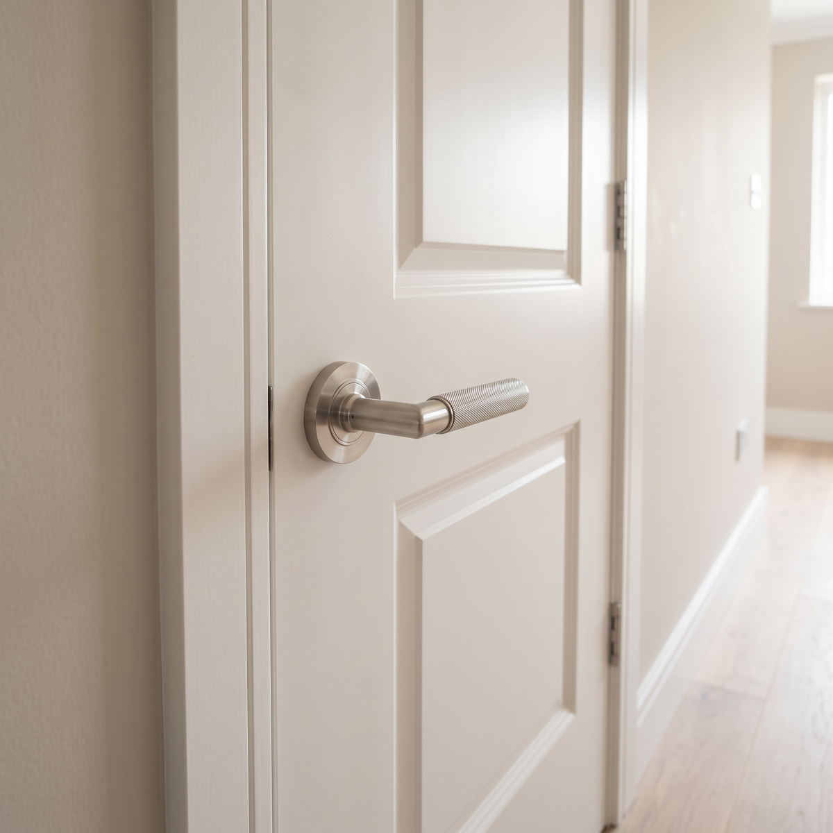 Piccadilly Knurled Lever Door Handles - Burlington Range - Satin Nickel - BUR40SN - fitted on a door