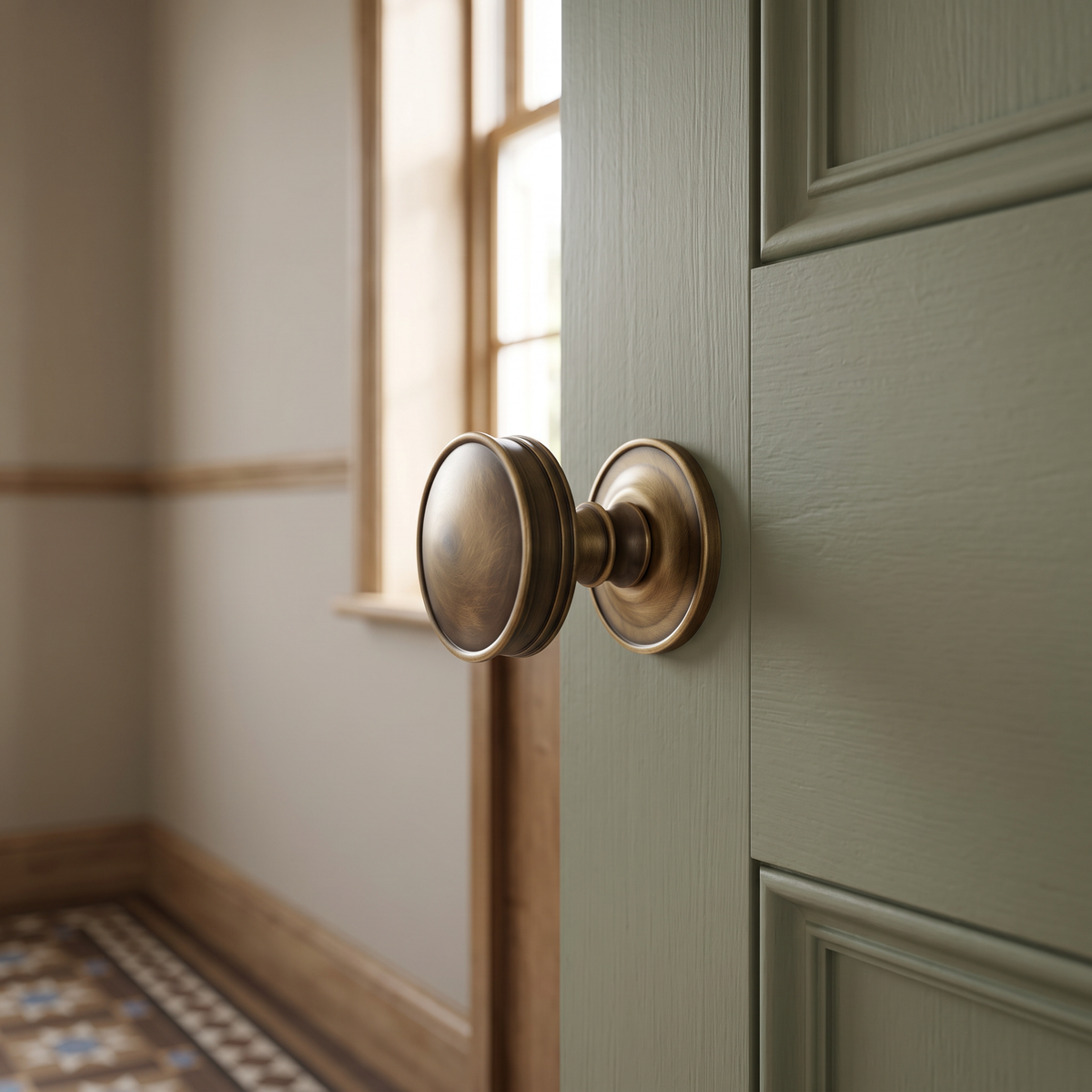 Frelan Burlington Range Berkeley Mortice Door Knobs BUR100AB  - Antique Brass - fitted on a door