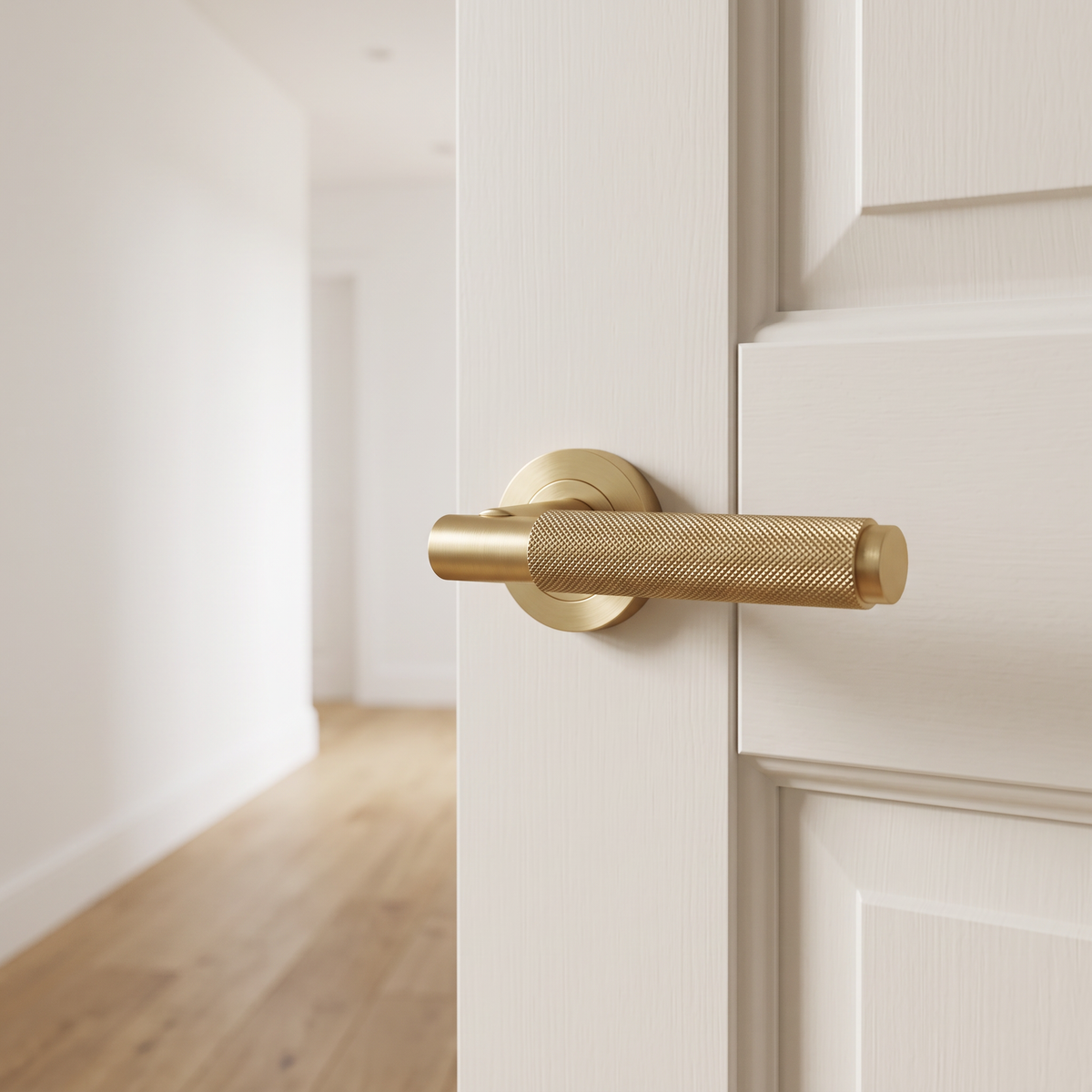 Carlisle Brass Varese Knurled Lever Door Handles, Satin Brass - EUL050SB - fitted on a door