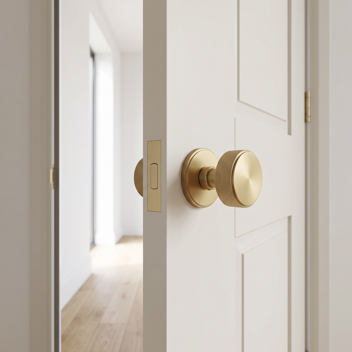 Spira Brass 'Connaught' Satin Brass Knurled Mortice/Rim Door Knobs - SB2123SB - fitted on a door