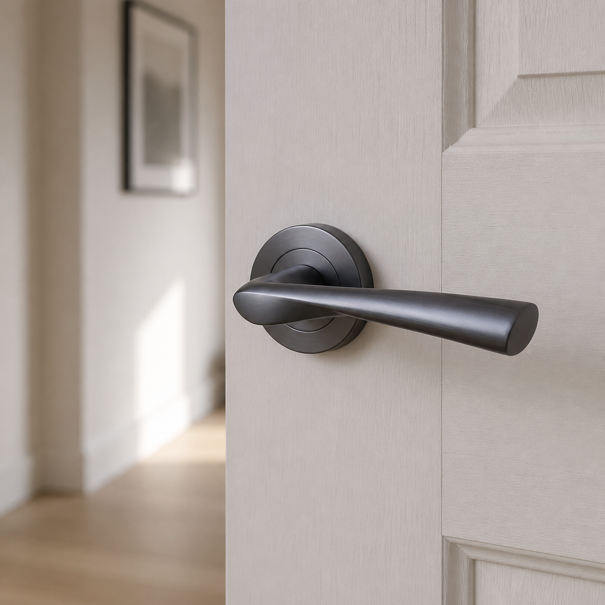 Gun Metal Grey Twist Design Door Handles on Round Rose - IH-ZET.09.MSB - fitted on a door