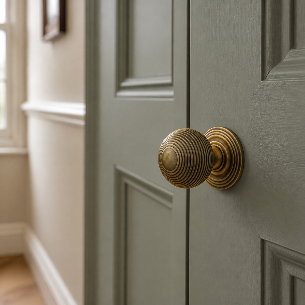 Antique Brass Reeded Beehive Mortice Door Knobs - Concealed Fix - fitted on a door