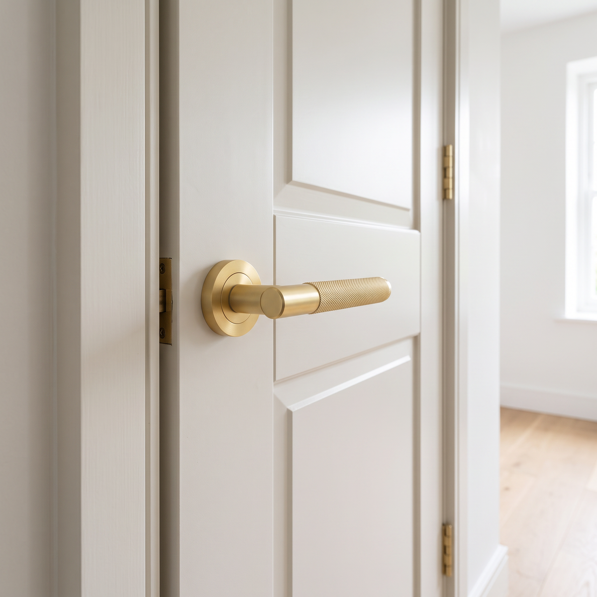 Frelan Hardware - Satin Brass Knurled T-Bar Door Handles - JV850SB - fitted on a door