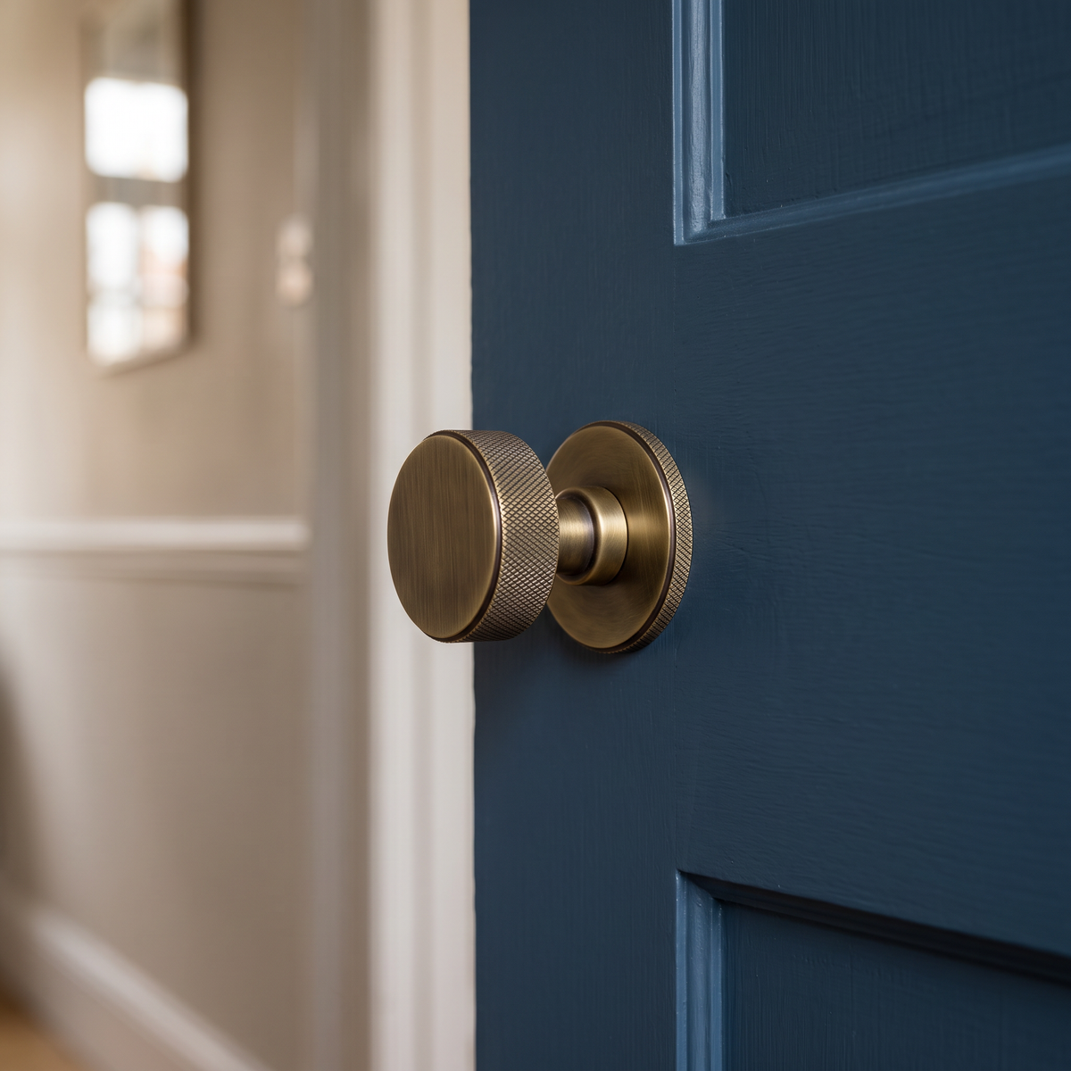 Frelan Hardware Burlington Westbourne Knurled Mortice Door Knobs, Antique Brass - BUR102AB - fitted on a door
