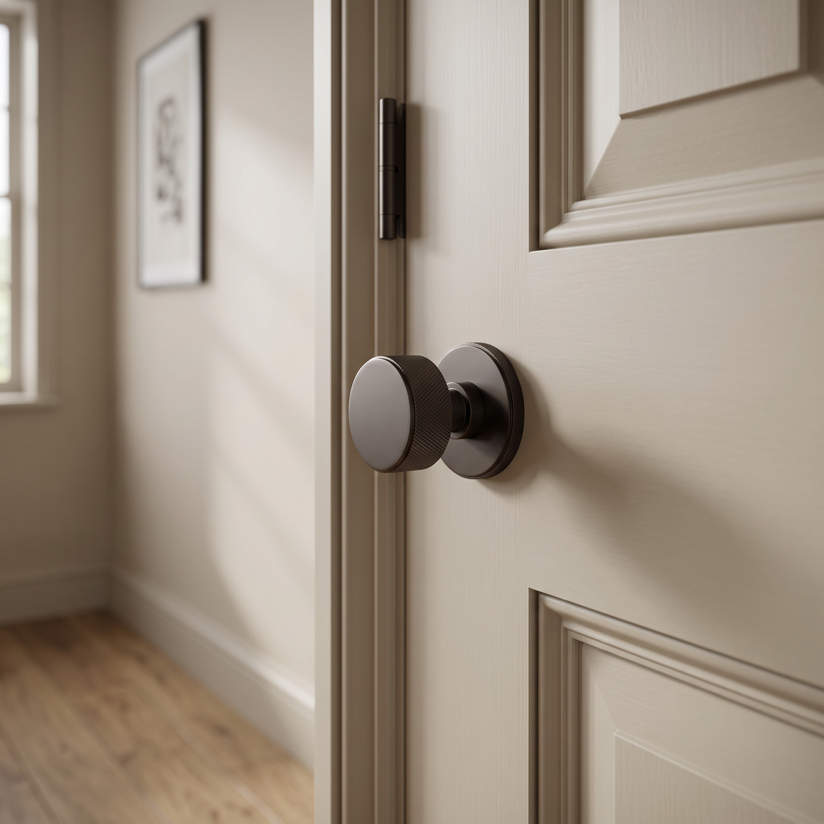 Frelan Hardware Burlington Westbourne Knurled Mortice Door Knobs, Dark Bronze - BUR102DB - fitted on a door