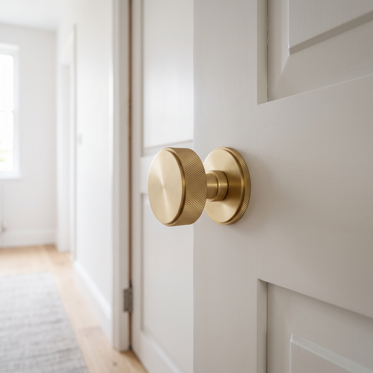 Solid Brass Knurled Internal Mortice Door Knobs - Satin Brass M4D1301SB - fitted on a door