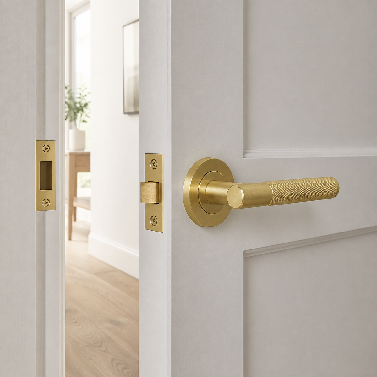 Knurled Satin Brass Door Handle Packs - Complete Kits - fitted on a door