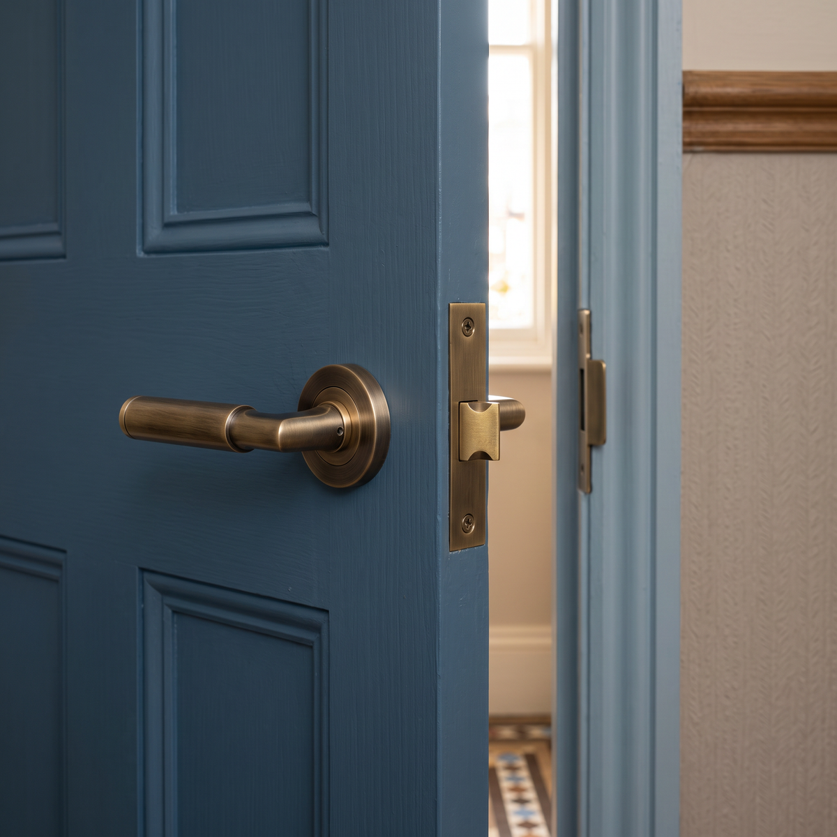 Antique Brass Serozzetta 'Belas' Door Handle Kit - Carlisle Brass - fitted on a door
