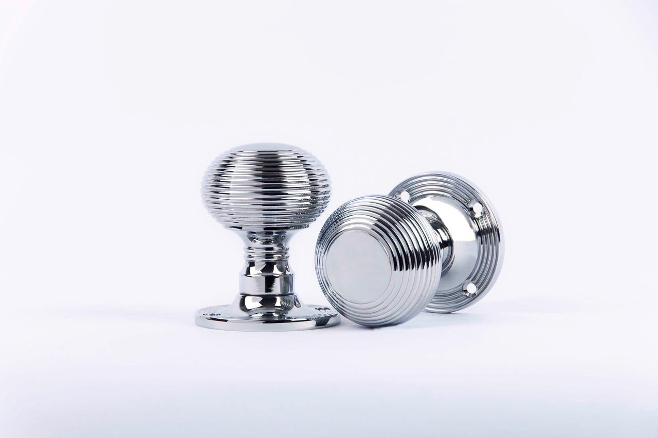 Polished Chrome Reeded Beehive Mortice Door Knobs