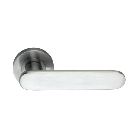 Skyla Lever Door Handle in Polished Chrome with Sprung Rose, 128 mm, showcasing elegant design and functionality for homes and trade professionals.