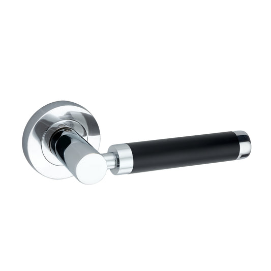 Zest Lever Door Handle in dual tone black and chrome, 134 mm, showcasing a modern design by Spira Brass for stylish interior spaces.