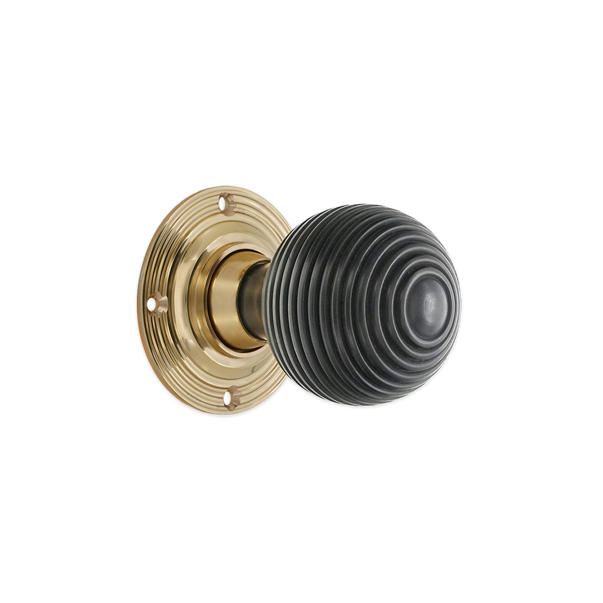 Ebony Wood Polished Brass Reeded Beehive Mortice Door Knobs - SB2115PB product image