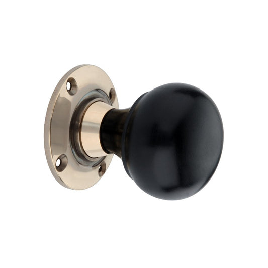 Ebony Bun Mortice Door Knob with Aged Brass Finish, 60mm size, part of the Spira Brass range, showcasing a classic mushroom shape for a traditional home aesthetic.