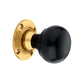 Ebony Bun mortice door knob with polished brass rose, 60mm diameter, featuring a classic mushroom shape, ideal for traditional and contemporary homes.