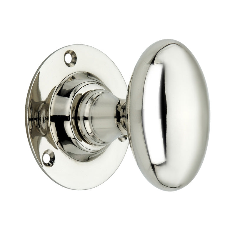 Oval Mortice Door Knob in Polished Nickel, 60mm size, crafted from solid brass, perfect for enhancing traditional and modern interiors.