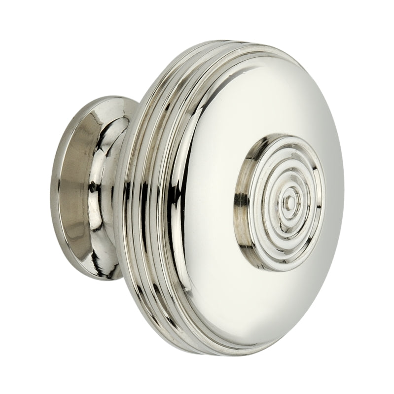 Large polished nickel cupboard knob with reeded texture, 41mm size, by Spira Brass, designed for contemporary cabinetry.