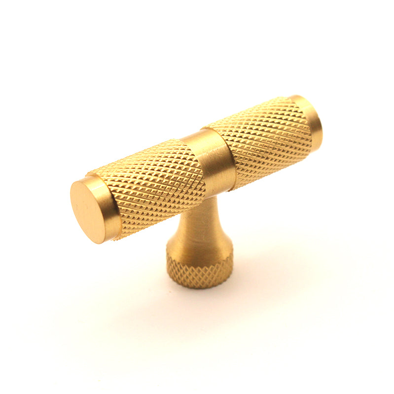 Knurled T Bar Cupboard Pull in Satin Brass, 50mm, featuring a modern design and comfortable grip for stylish cabinetry enhancement.