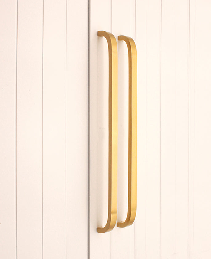 Curve Bar Cabinet Handle in Satin Brass, large size 460mm x 25mm, showcasing solid brass construction for modern elegance in wardrobes and cupboards.
