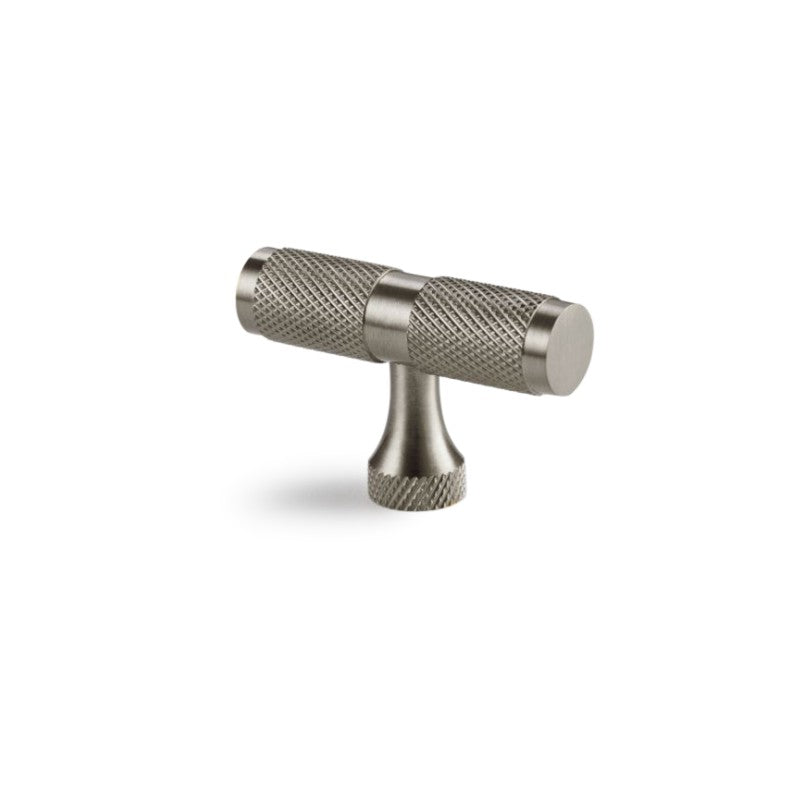 Knurled T Bar Cupboard Pull in Satin Silver, 50mm size, featuring a comfortable grip and modern design for elegant cabinetry enhancement.