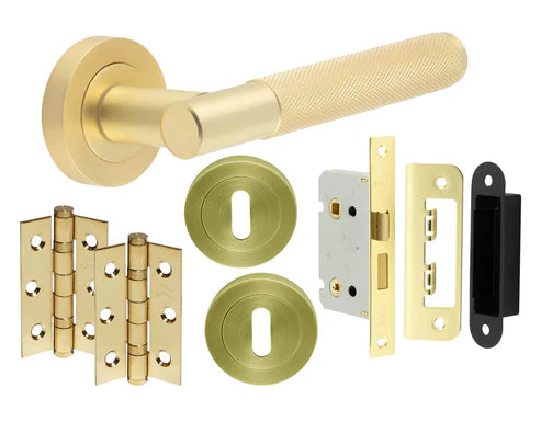 Knurled Satin Brass Door Handle Packs - Complete Kits
