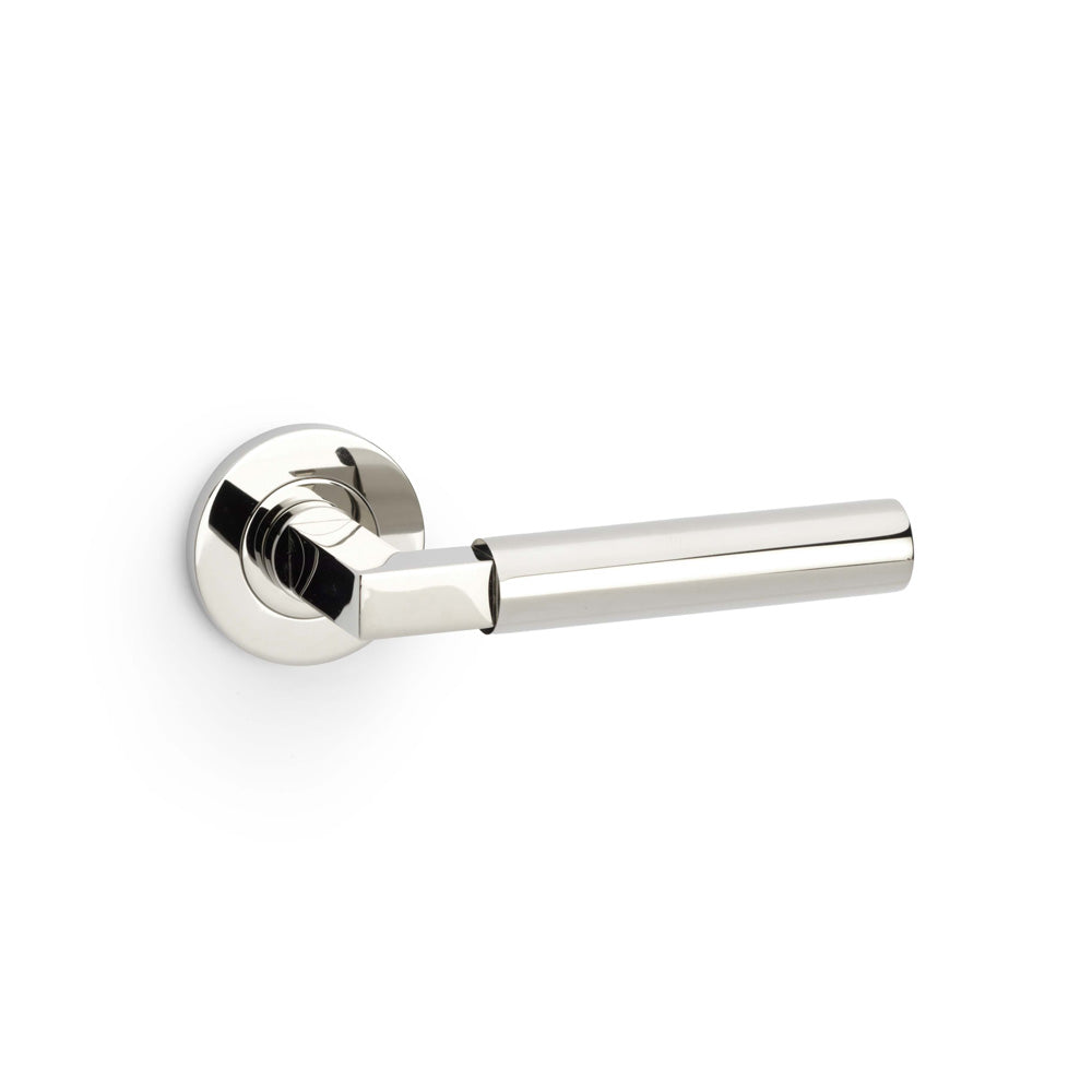 Hurricane Lever Door Handle on Rose – Polished Nickel PVD