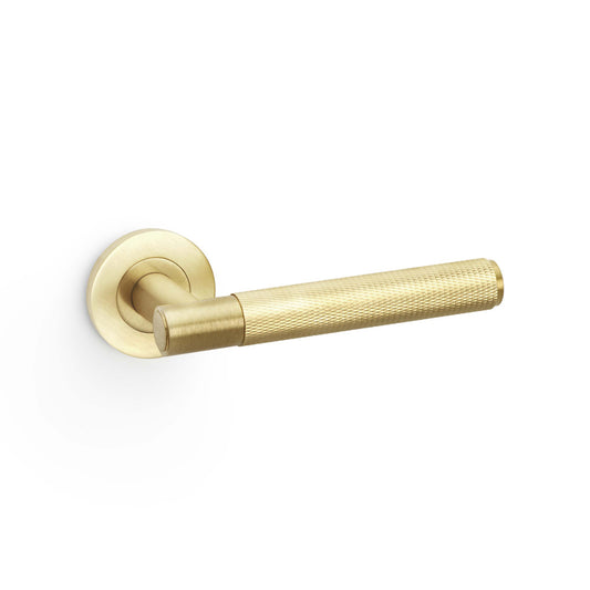 Spitfire Knurled Lever Door Handle on Round Rose - Satin Brass PVD