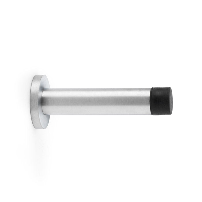 "Satin Chrome Cylinder Projection Door Stop on Rose by Alexander & Wilks, minimalist design with concealed fixings, solid brass"