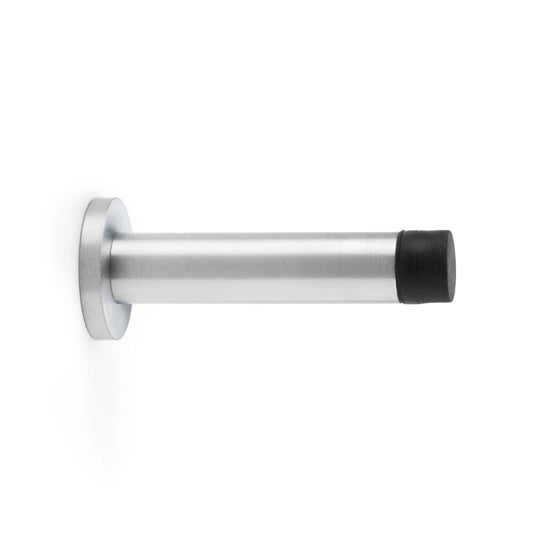 "Satin Chrome Cylinder Projection Door Stop on Rose by Alexander & Wilks, minimalist design with concealed fixings, solid brass"