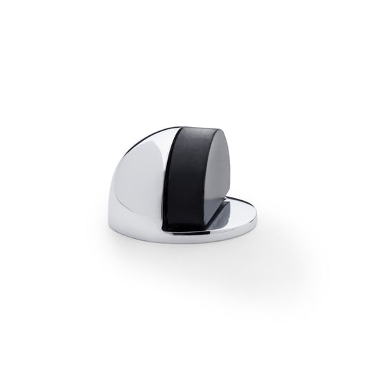 "Alexander & Wilks polished chrome floor mounted door stop in solid brass with black rubber stopper"
