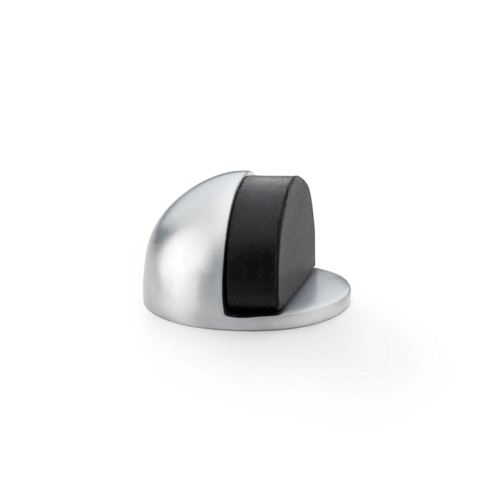 Alexander & Wilks satin chrome floor mounted door stop, featuring solid brass body and black rubber stopper.