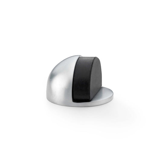 Alexander & Wilks satin chrome floor mounted door stop, featuring solid brass body and black rubber stopper.