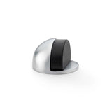 Alexander & Wilks satin chrome floor mounted door stop, featuring solid brass body and black rubber stopper.