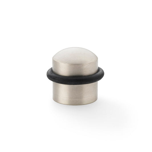"Dome Top Floor Mounted Door Stop in Satin Nickel by Alexander & Wilks, showcasing solid brass construction and sleek finish"