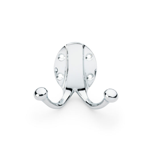 Double Robe Hook in Polished Chrome by Alexander & Wilks, featuring elegant oval backplate and durable brass construction.