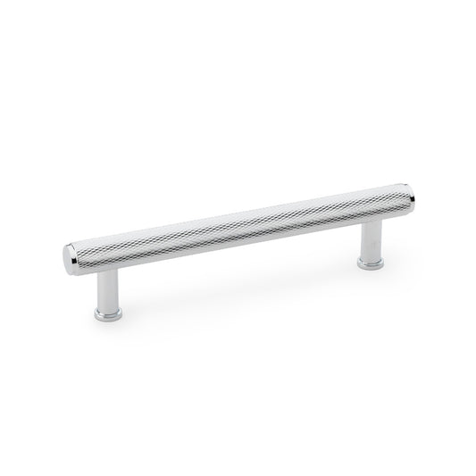 Alexander & Wilks Crispin knurled T-bar cupboard pull handle in polished chrome, 128mm centres, showing industrial charm and modern elegance