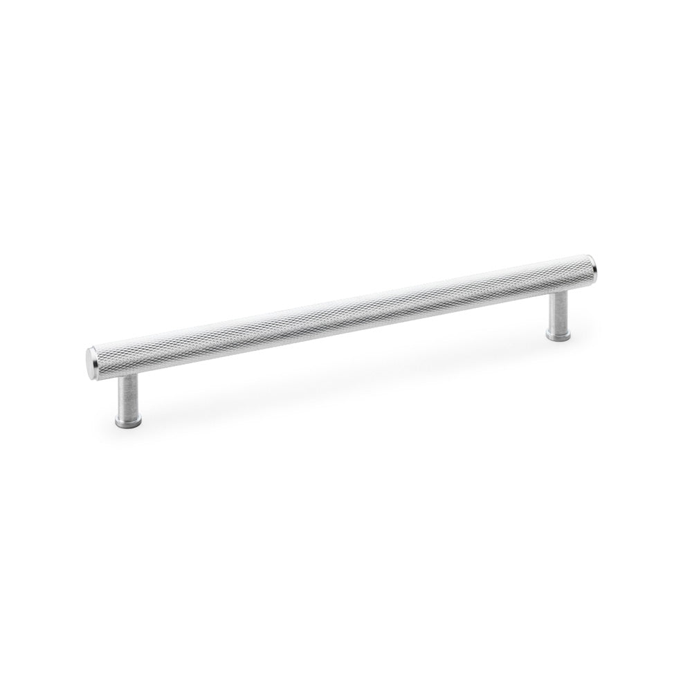 Alexander & Wilks Crispin knurled T-bar cupboard pull handle in satin chrome, 224mm centres, showing detailed texture and solid brass construction