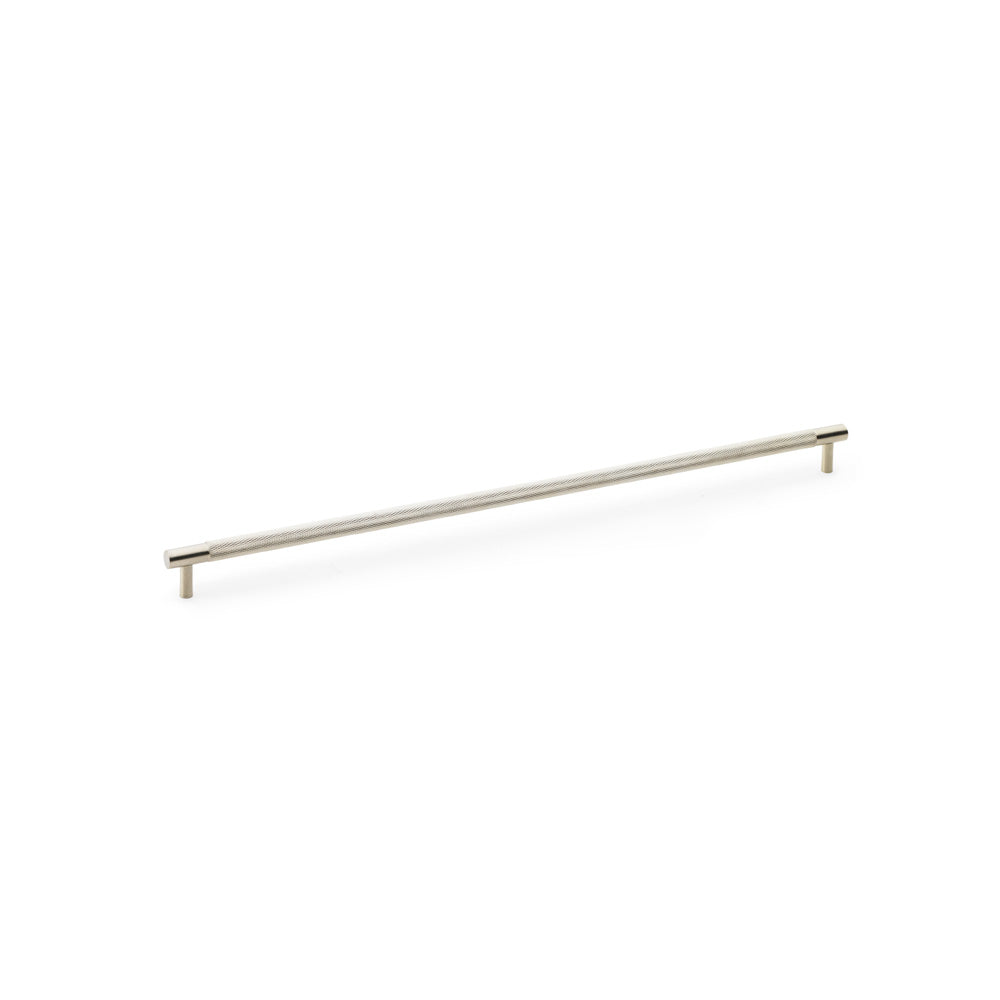 "Alexander and Wilks Brunel Knurled T-Bar Cupboard Handle in Satin Nickel, 448mm Centres, featuring diamond knurled texture for enhanced grip and aesthetics"