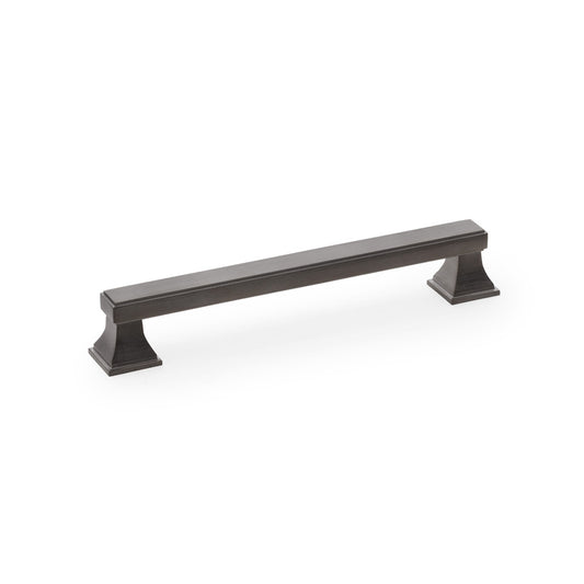 "Solid brass Alexander & Wilks Jesper cabinet pull handle in dark bronze PVD, 160mm centres, on a pyramid-shaped pedestal"